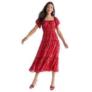 Trixxi Burgundy Floral Smocked Tiered Midi Dress Size Small Feminine Puff Sleeve